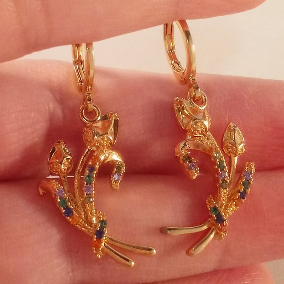 18K Yellow Gold Filled Flower Leaf Diamond Zircon Dangle Earrings Gorgeous Gift - Picture 1 of 4